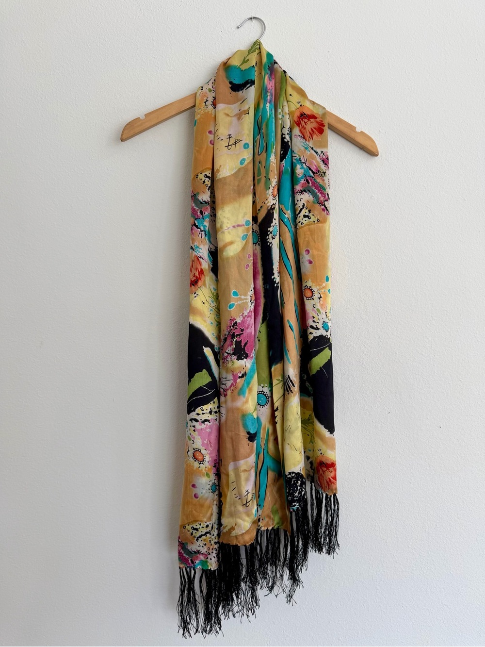 100% Silk Fringe Scarf Abstract Floral Multicolor Jewel Tone Wrap Shwl
